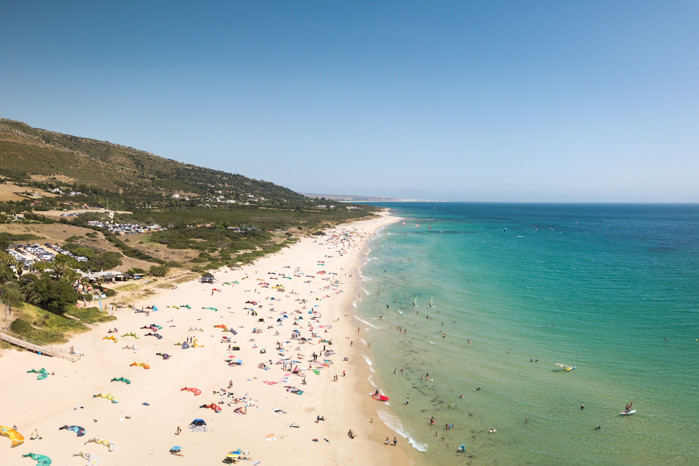 Drone perspective of wild beach situated in Tarifa, South of Spain